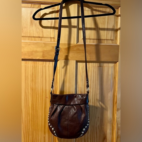 B. Makowski Genuine Brown Leather Silver Studded Crossbody Bag. - Picture 10 of 13